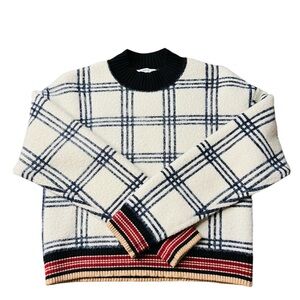 MNG Casual Women’s Plaid Crewneck Sweater - Ivory and Blue Size XS
